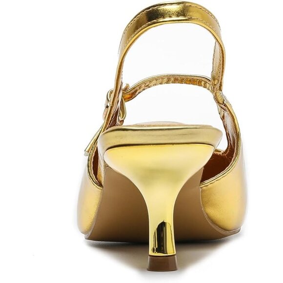 Amoji Women's Gold Closed Pointed Toe Kitten Slingback Low Heel Pumps For Party - Picture 3 of 8